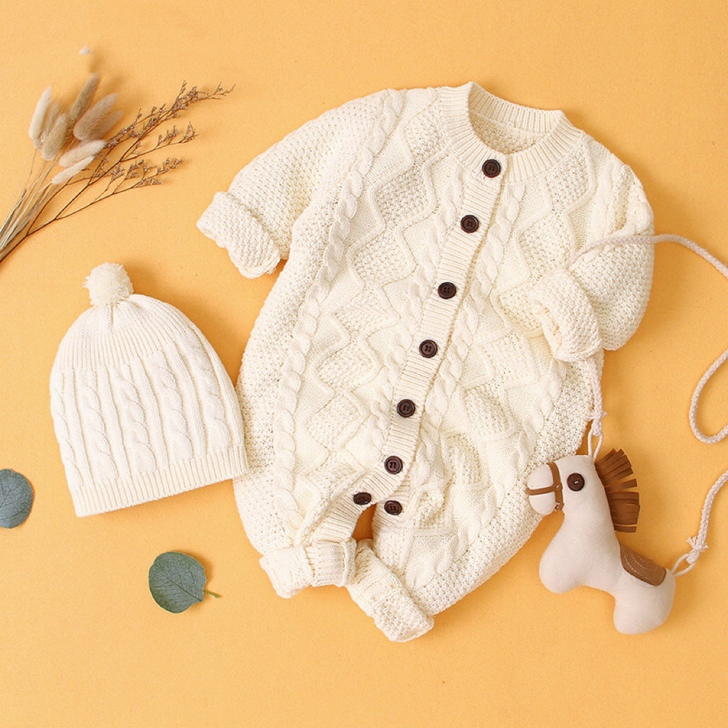 Baby Cable Knitted Romper & Hat Set